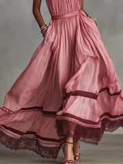 Pink Pleated Halter Neck Lace Trim Maxi Dress