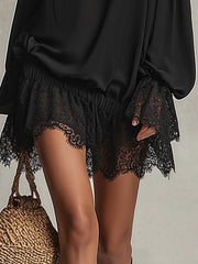 Black One-Shoulder Lace Trim Mini Dress