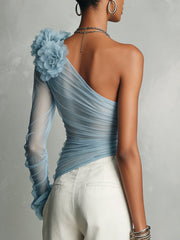 Light Blue One-Shoulder Floral Appliqué Mesh Top