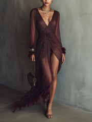 Deep Garnet Metallic Sheer Long Sleeve Draped High-Low Dress