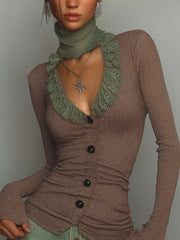 Blush Sheer Lace Trim Knit Top