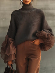 Gray Ruffle Sleeve Turtleneck Sweater