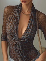 Brown Leopard Print Sheer V-Neck Tie Front Blouse
