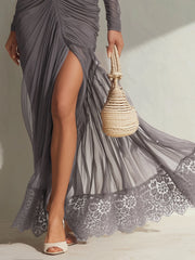 Gray Long Sleeve Chiffon Ruched Lace Maxi Dress