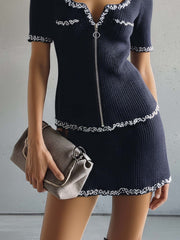 Navy Knit Zip Front Mini Dress With White Trim