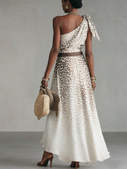 One-Shoulder Animal Print Belted Flowy Maxi Dress