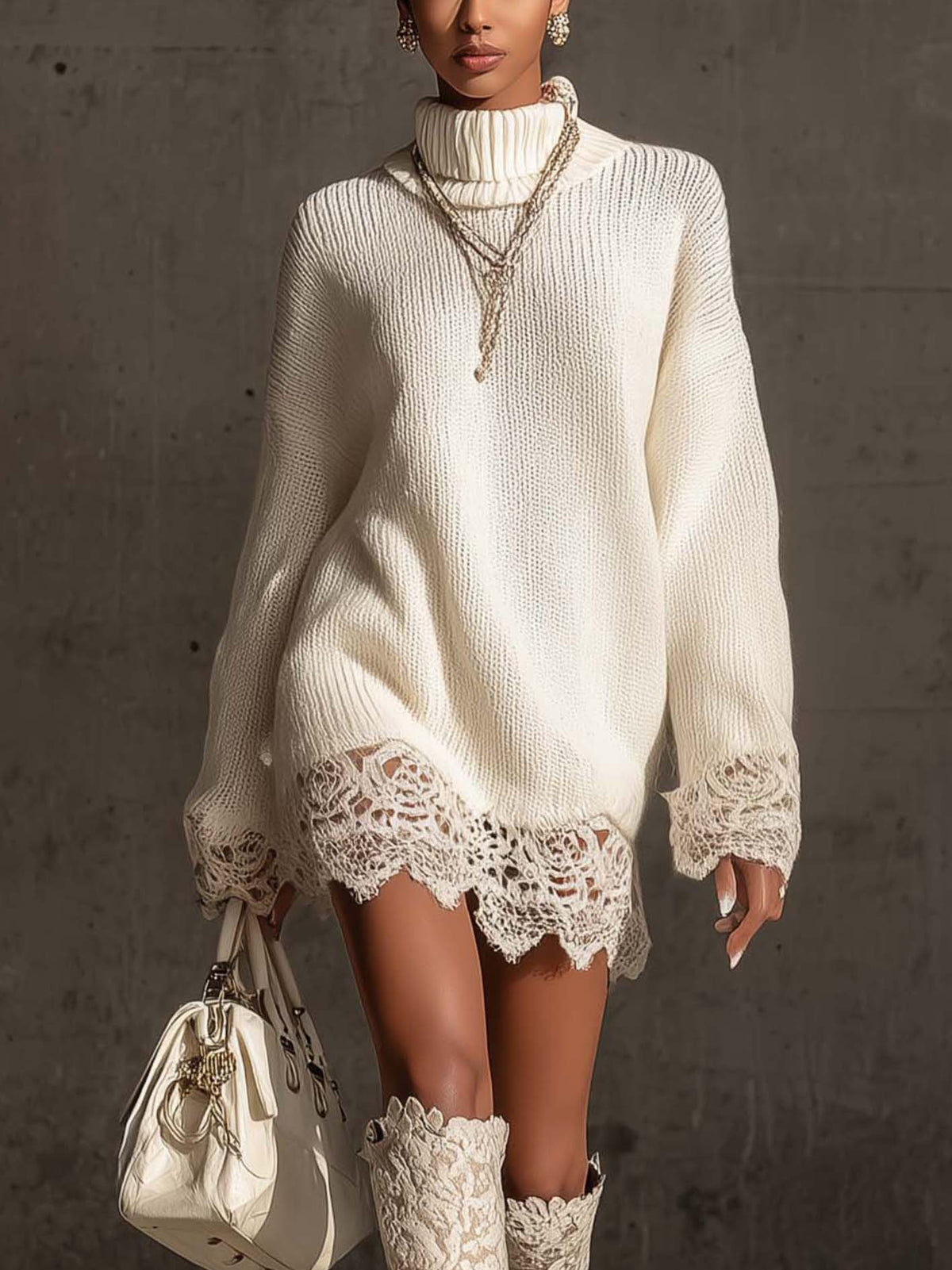 24-Hour-Shipping White Turtleneck Knit Mini Dress With Lace Trim