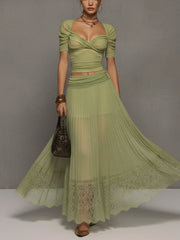 Green Stretch Top And Pleated Chiffon Skirt Set