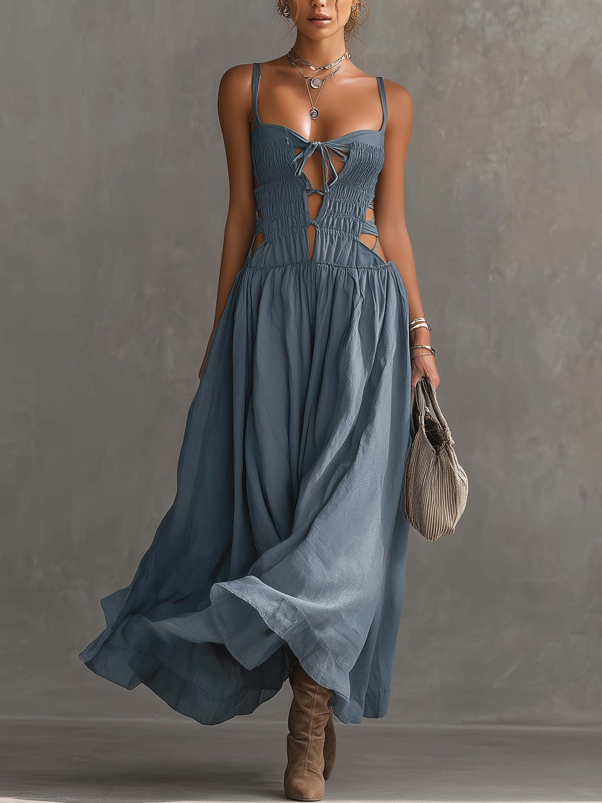 Dusty Blue Cutout Spaghetti Strap Maxi Dress