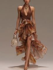 Cocoa Sleeveless Printed Chiffon Spaghetti Strap Maxi Dress