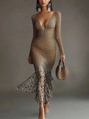 24-Hour-Shipping Leopard Print Deep V-Neck Mermaid Dress