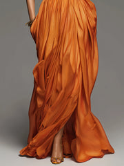 Orange Chiffon One Shoulder Slit Maxi Dress