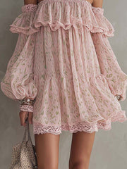 Pink Green Leopard Print Off Shoulder Chiffon Lace Ruffle Mini Dress