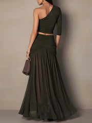 Dark Olive One Shoulder Ruched Top And Sheer Chiffon Maxi Skirt Set
