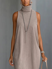 Gray Faux Suede Fringe Hem Sleeveless Turtleneck Midi Dress
