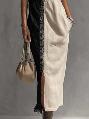 Black And Beige Patchwork Lace Trim Cotton Linen Maxi Dress