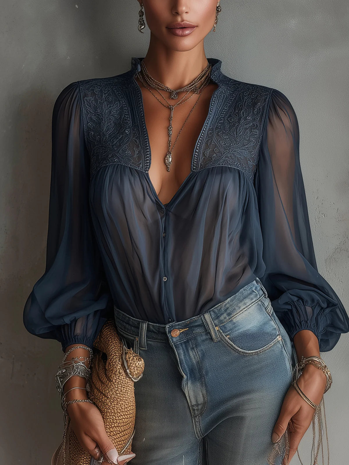 Navy Sheer Embroidered Chiffon Lantern Sleeve Blouse