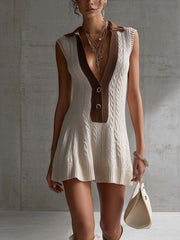 White Cable Knit Mini Dress With Brown Contrast Collar