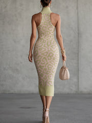 Green Abstract Leopard Knit Halter Midi Dress