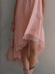 Pink Sleeveless Chiffon Midi Dress With Lace Trim