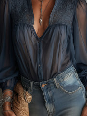 Navy Sheer Embroidered Chiffon Lantern Sleeve Blouse