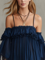 Navy Off-Shoulder Ruffle Trim Mini Dress