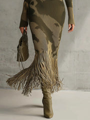 Yohers Olive Camo Knit V-Neck Fringe Hem Bodycon Dress