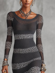 Gray And White Knit Bodycon Dress With Leopard Stripe Detailing