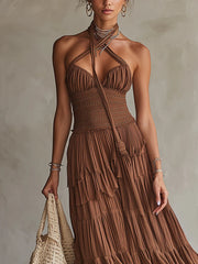 Rust Layered Chiffon Lace Maxi Dress