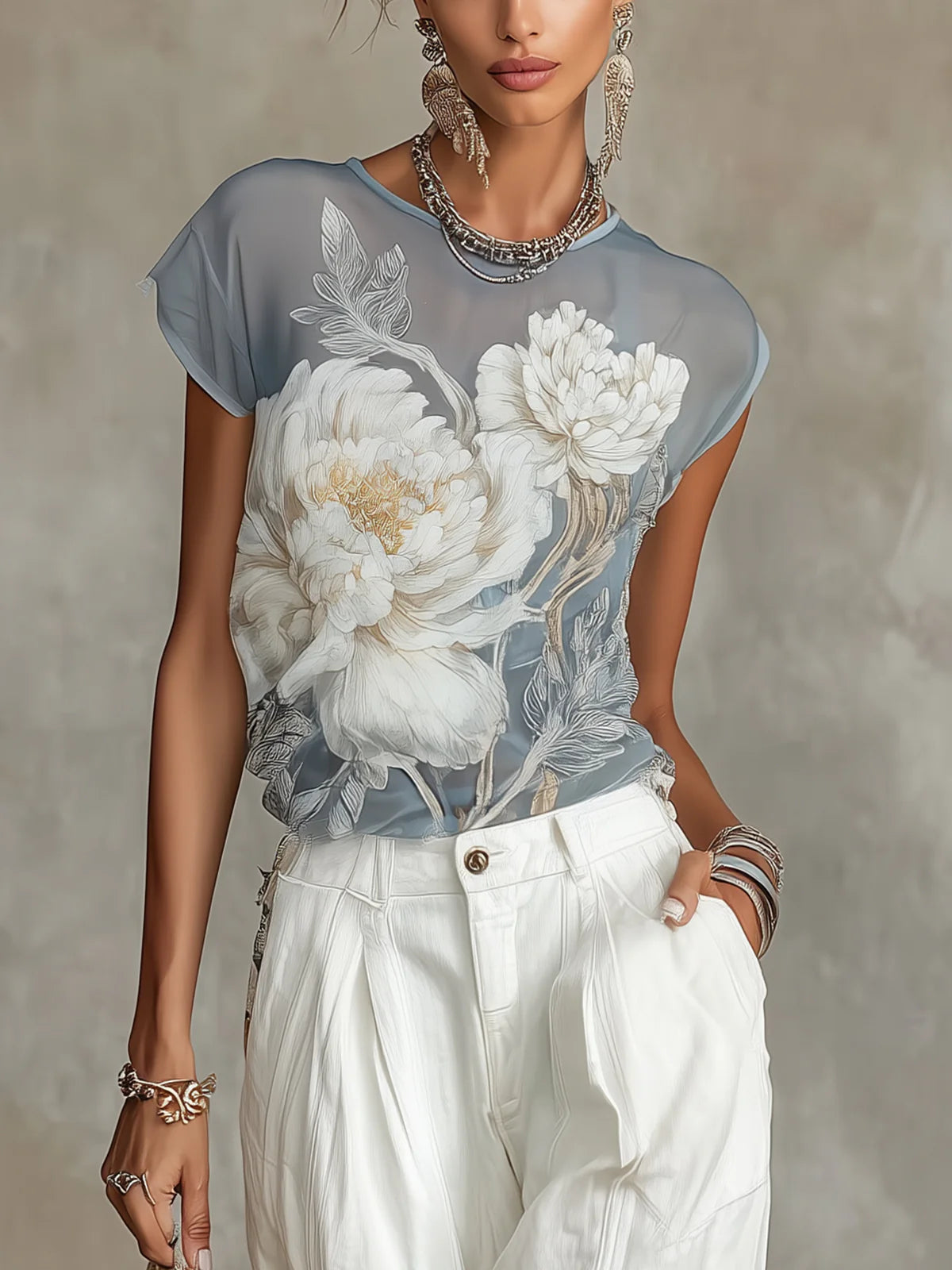 Sheer Blue Floral Print Chiffon Blouse