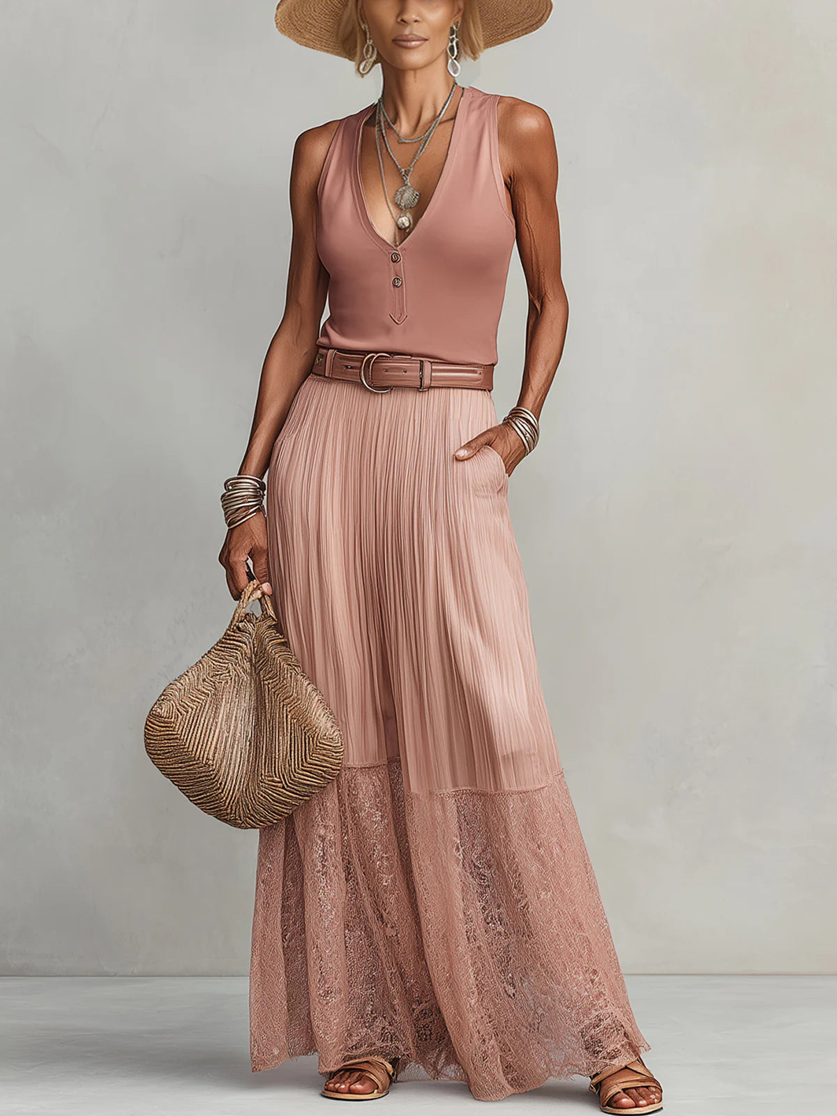Pink Pleated Lace Hem Maxi Skirt & Deep V-Neck Sleeveless Top Set