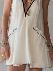 White Contrast Trim Deep V-Neck Spaghetti Strap Mini Dress