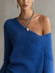 Blue Off‑Shoulder Mohair Sweater Dress With Lace Hem