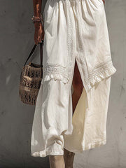 White Off Shoulder Chiffon Cotton Linen Maxi Dress With Lace Trim And Ruffle
