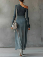 Blue Stretch Knit Chiffon Off-shoulder Maxi Dress With Slit Hem