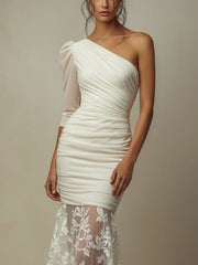 White Chiffon Asymmetric Lace Fishtail Bodycon Dress