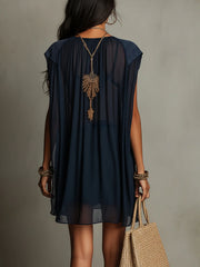 Navy Pleated Sheer Shoulder Eadwork Mini Dress