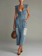 Blue Denim Frayed Sleeveless Zip Up Bodycon Dress