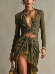 Olive Green Plunge Neck Cutout Bodycon Dress