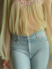 Green Pleated Chiffon Blouse With Leopard Print