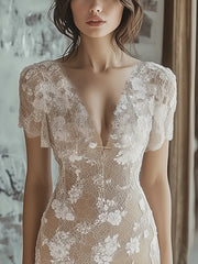 24-Hour-Shipping Light Beige Lace V-neck Short Sleeve Bodycon Dress