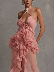 Pink Chiffon Ruffled Halter Maxi Dress