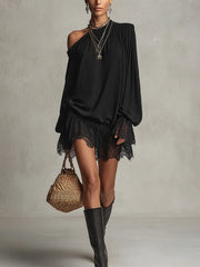 Black One-Shoulder Lace Trim Mini Dress