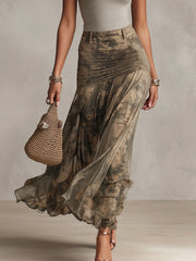 Gray T-shirt And Olive Tie-Dye Mesh Ruched Maxi Skirt