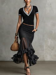 Black Mesh Ruffle Hem Ruched Bodycon Two-Piece Set