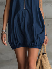 Navy Zip-Up Sleeveless High-Neck Bubble Mini Dress