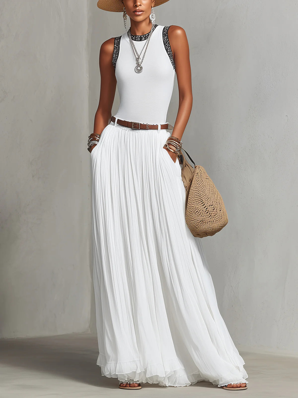 White Pleated Lace Shoulder Two-Piece Maxi Set