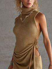 Golden Sleeveless Knit Mini Dress With Side Cut-Out And Drawstring Waist