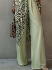 Light Green Zebra Print Chiffon Bow Tie Top And Wide Leg Pants Set