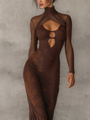 Deep Chocolate Sheer Ruched Bodycon Dress